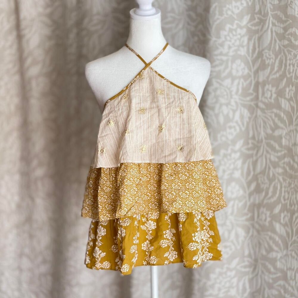 NWT LC Lauren Conrad Tiered Halter Top Mustard Yellow Floral Boho Cottage Size S - Picture 2 of 6